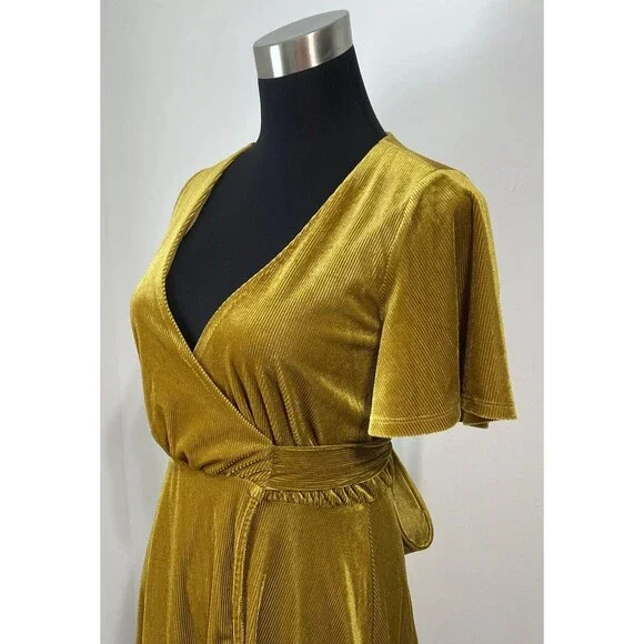 Lovers + Friends Wrap Dress Women's XS Gold Belted Corduroy Ribbed Revolve NEW - Picture 9 of 14